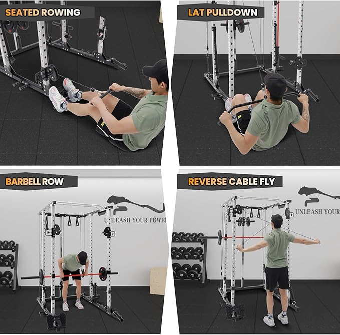 GaveeLife Power Cage, 2000 LBS Power Rack with Cable Cross-Over System, Multi-Functional Strength Training Squat Rack with LAT Pull Down System, Home Gym Equipment with Training Attachment, Red