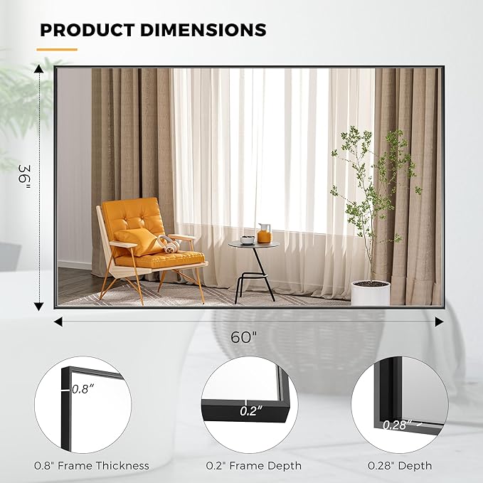 60x36 Inch Black Bathroom Mirror for Wall, Aluminum Frame Rectangle Rectangular Vanity Mirror, Modern Large for Bedroom, Living Room, Horizontal or Vertical