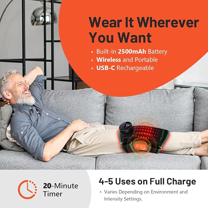 HALIDODO Red Light Therapy & Vibration Massage Knee Brace - Wireless Rechargeable Controller, 660nm&850nm Red Light Therapy Heated Device for Knee/Joint/Elbow/Shoulder Pain Relief, Green.