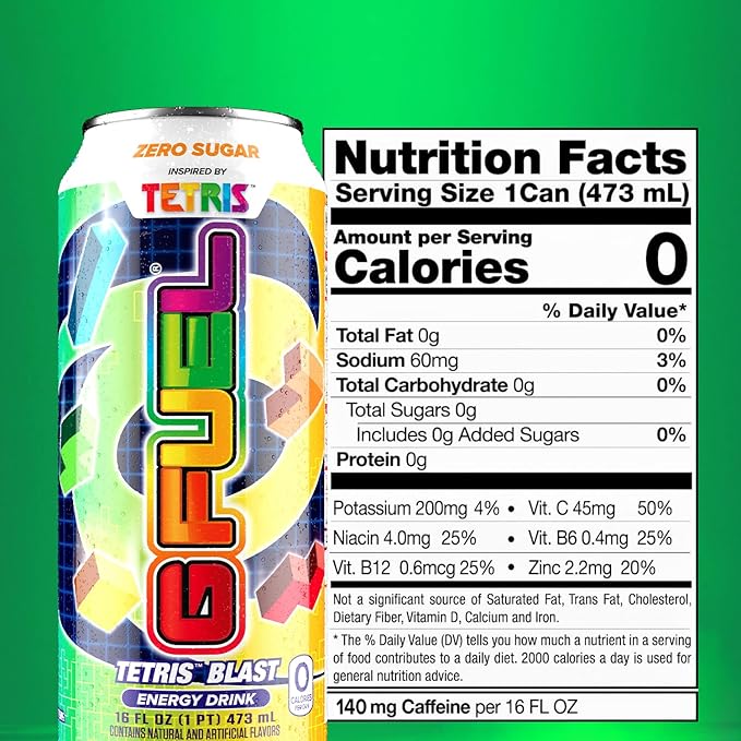 G Fuel Energy Drink, Candy Flavor, Sugar Free Beverage with 300mg Caffeine, Daily Energy Boost with Focus Amino, Vitamin + Antioxidants, 16 oz Cans (Tetris, 12-Pack)