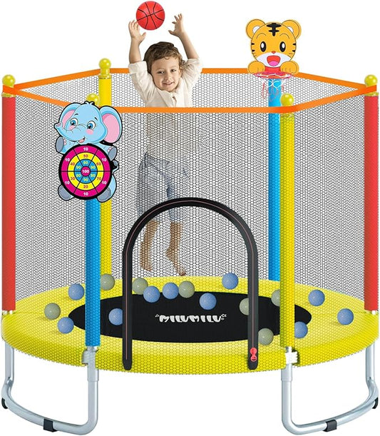 60" Indoor Outdoor Trampoline for Kids,MILUMILU Mini Baby Trampoline with Safety Enclosure Net, Basketball Hoop, Jumping Mat - Birthday Gifts for Children Boy Girl.