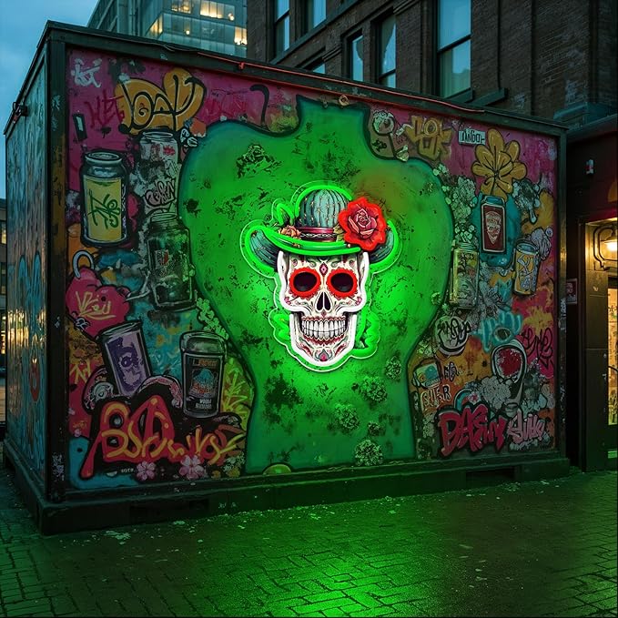 Day of the Dead Neon Sign - Mexican Sugar Skull LED Neon Light for Home & Bar Decor,UV Printed Art with Flexible LED Strip,Halloween & Día de Muertos Party Decoration（green)