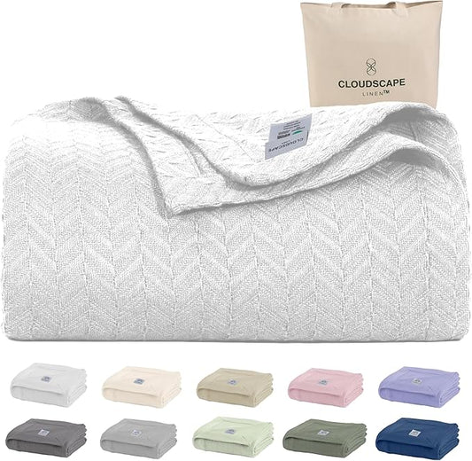 Cloud Scape Linen 100% Cotton Queen Size Blanket, Herringbone Pattern, Lightweight Summer Blanket,Best Gifts for Women, fits Full Size Bed, 92 x 92, White