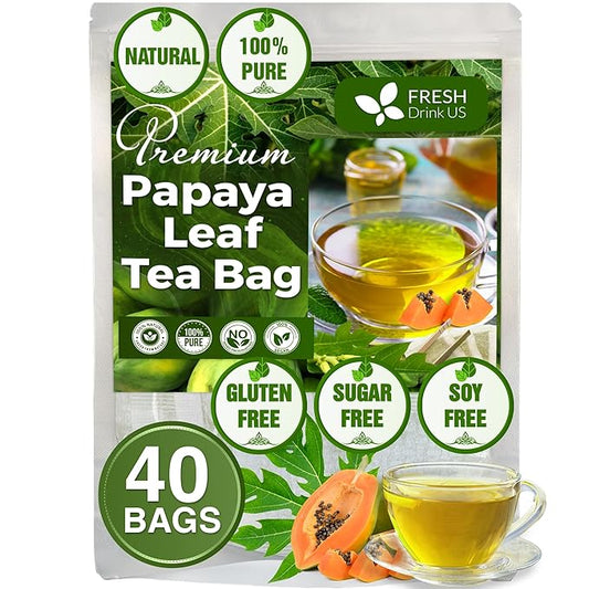 FreshDrinkUS, Premium 40 Papaya Leaf Tea Bags, 100% Natural & Pure. Loose Leaf Papaya Herbal Tea. Made with Natural Material Tea Bags. No Sugar, No Caffeine, No Gluten, Vegan.