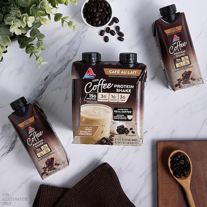 Atkins Café au Lait Iced Coffee Flavored Protein Shake, High Protein Shake, Low Sugar, Low Carb and Low Sugar, Keto Friendly, Gluten Free, 12 Count