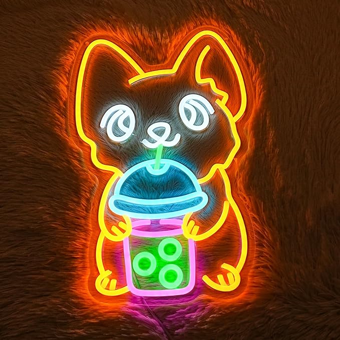 Corgi Neon Sign Bubble Tea Neon Light for Wall Decor Colorful Neon Sign Dog Neon Signs for Bedroom Dessert Coffe Shop Store Business Wall Decoration
