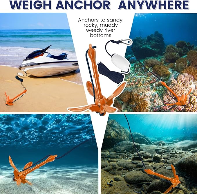 Dreizack Kayak Anchor Kit, 3.5 lb Folding Grapnel Boat Anchor Trolley Accessories with 40ft Rope and PVC Buoy for Fishing Kayaks SUP Paddle Boards Canoes Jet Ski PWC Inflatable Small Boats