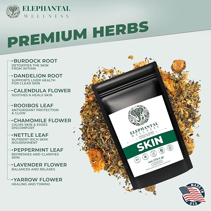 Elephantal Wellness Premium Skin Herbal Tea | Radiance & Clarity Support with Burdock, Dandelion Root Tea, Nettle, Calendula & Lavender | Non-GMO, Caffeine-Free, Handmade Loose Leaf Blend, 4oz Loose Leaf, 40 Servings