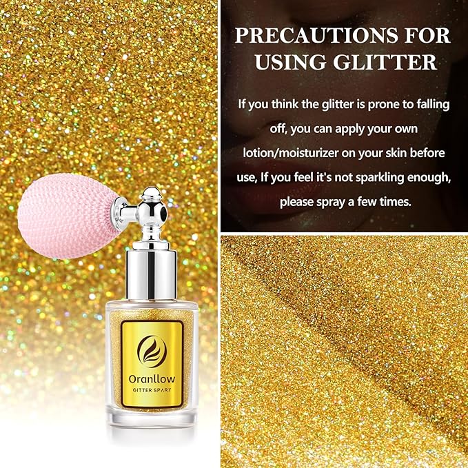 Holographic Body Glitter Spray - Shimmering Hair, Face & Body Sparkle for Festivals, Clothes, Nail Art Crafts Design & Special Events Makeup (Gold)