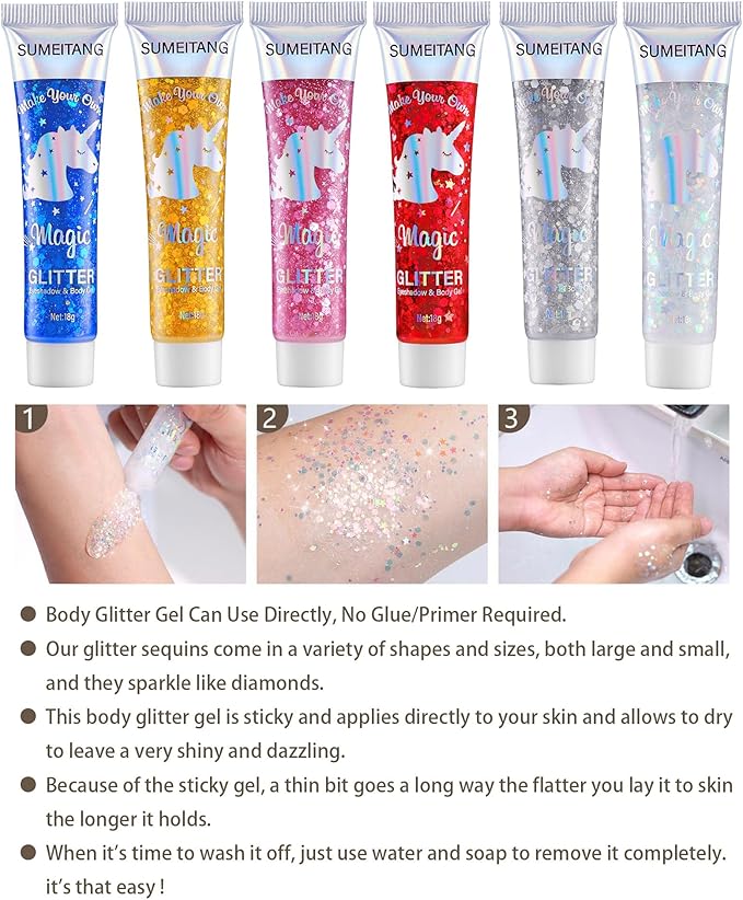 6PCS Red Face Body Glitter Gel，Holographic Chunky Sequins Body Glitter Paint for Party Singer Concerts Music Festival Rave Accessories for Girls Women Face Body DIY Sparkling Makeup