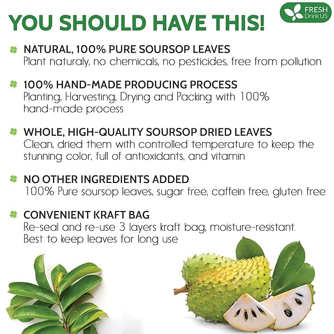 FreshDrinkUS, 75+ Premium Soursop Graviola Dried Leaves Tea, Natural Whole Leaves, Wildcrafted, Hoja De Guanabana, Soursop/Guanabana/Graviola Tea, No Sugar/Gluten/Caffeine/Non GMO, Vegan