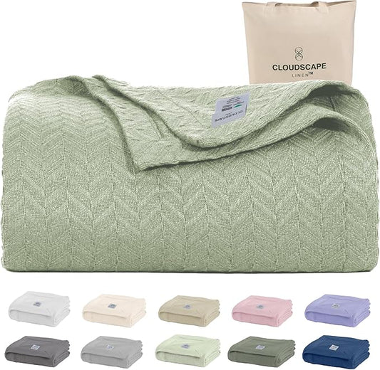 Cloud Scape Linen Herringbone Cotton Throw Blanket for Couch, Bed,Sofa, Home Decor, Soft, Lightweight, All-Season Bed Blanket, 50 x 70, Seafoam Green