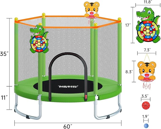 60" Indoor Outdoor Trampoline for Kids,MILUMILU Mini Baby Trampoline with Safety Enclosure Net, Basketball Hoop, Jumping Mat - Birthday Gifts for Children Boy Girl.
