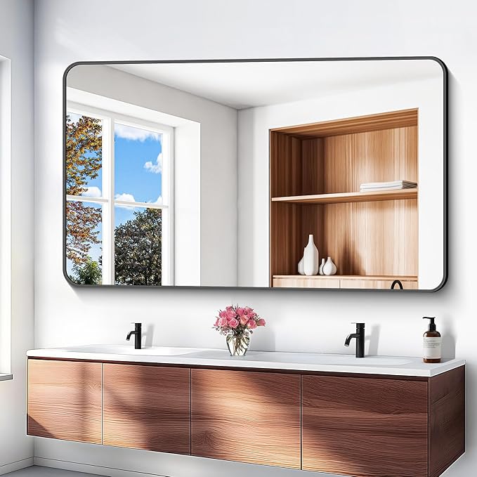 60x36 inch Large Bathroom Mirror,Black Rectangle Mirror,Wall Mounted Bathroom Frame Vanity Mirror with Round Corner for Bedroom Living Room, Entryway Hangs Horizontal or Vertical