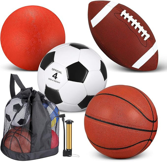 Deekin 4 Pcs Sport Balls Set for Kids Teens, Include Official Size 5 Basketball 4 Soccer 6 Football Playground Ball and Pump Sports Equipment Bag Recess Equipment Sport for Students(Normal Color)