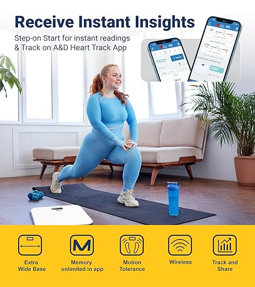 A&D Medical Digital Body Weight Scale, UC-356BLE Bluetooth Bathroom Weight Machine, UltraWide Platform and Large Display, Syncs with A&D App,550lb (249kg), Batteries Included, White