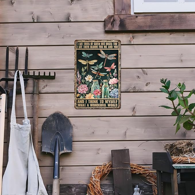 Dragonfly Decor And I Think To Myself What A Wonderful World Vintage Metal Tin Sign Decorative Plaque Poster 12 * 8inch