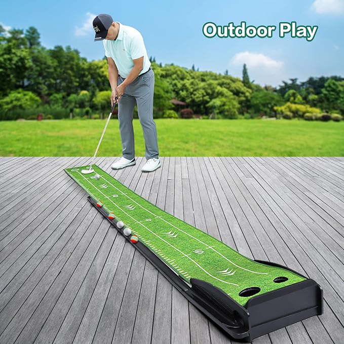 Golf Putting Green Mat with Putter and 6 Balls, Putting Practice Mat with Auto Ball Return for Home, Office, Backyard, Indoor, Outdoor Use