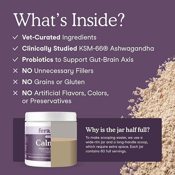 Fera Pet Organics Calming Supplement for Dogs & Cats - Vet Created - GABA & Ashwagandha Supplements Help Cat & Dog Stress or Hyperactivity -60 Scoops