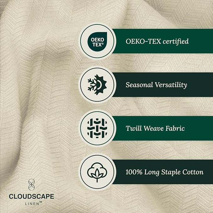 Cloud Scape Linen 100% Cotton Queen Size Blanket, Herringbone Pattern, Lightweight Summer Blanket,Best Gifts for Women, fits Full Size Bed, 92 x 92, Beige Fog