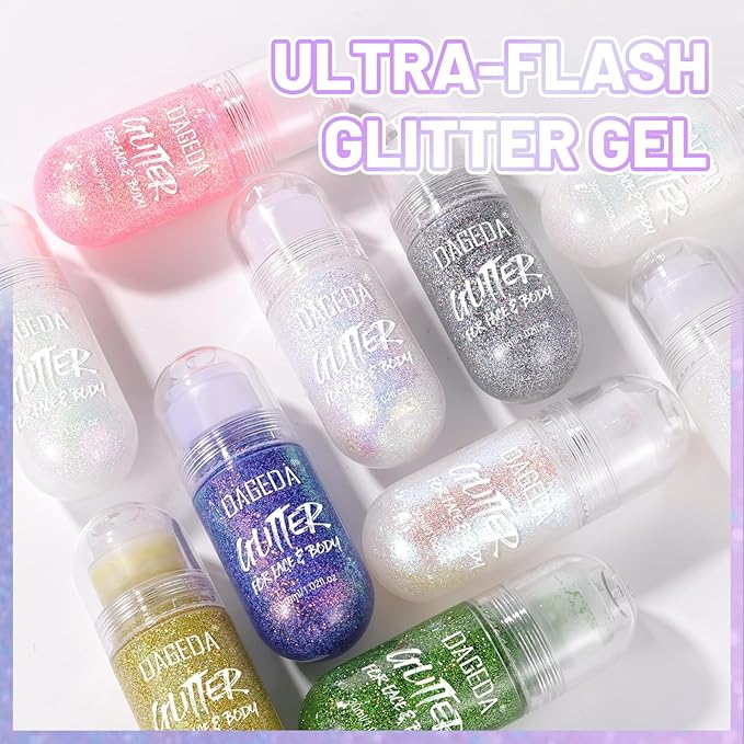 DAGEDA 2Colors Roll-on Body Glitter Gel for Body, Hair, Face, Holographic Glitter Makeup for Rave Accessories, Body Shimmer for Halloween Makeup(Fantasy + Ocean Glow)