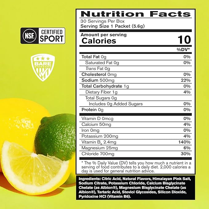 BARE PERFORMANCE NUTRITION BPN Electrolytes Go Packs Hydration Drink Mix | Sugar Free Electrolyte Powder | 500mg Sodium per Serving | Naturally Sweetened | Lemon Lime, 30 Servings