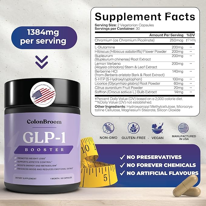 ColonBroom GLP-1 Weight Management Supplement for Women & Men - GLP1 Supports Gut Health, Metabolic Wellness & Appetite Regulation for Diet - Vegan, Gluten-Free, Non-GMO Diet Fiber Capsules - 60 Count