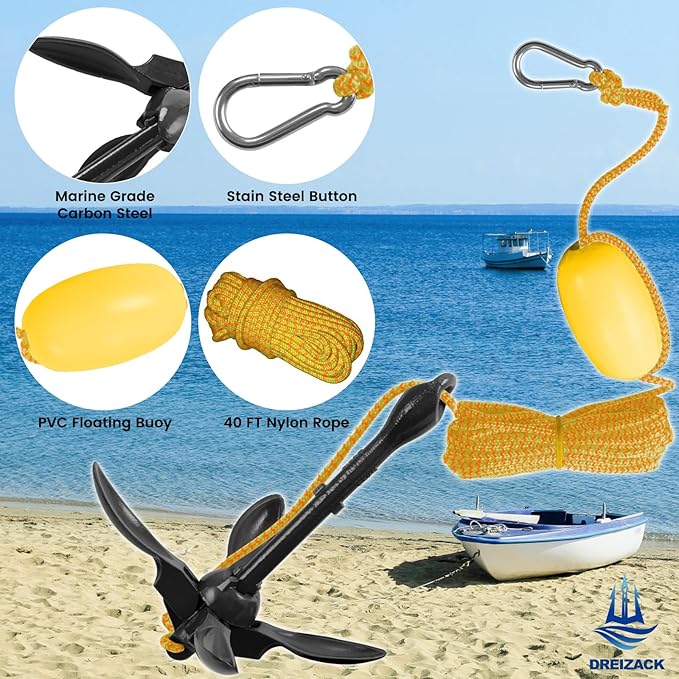 Dreizack Kayak Anchor Kit, 3.5 lb Folding Grapnel Boat Anchor Trolley Accessories with 40ft Rope and PVC Buoy for Fishing Kayaks SUP Paddle Boards Canoes Jet Ski PWC Inflatable Small Boats