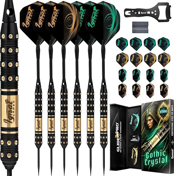 IgnatGames Premium Steel Tip Darts – 3/6/12 Pack Brass Barrels with Aluminum Shafts, 16 GlideXPro Flight Set, Tool Kit & Giftable Case