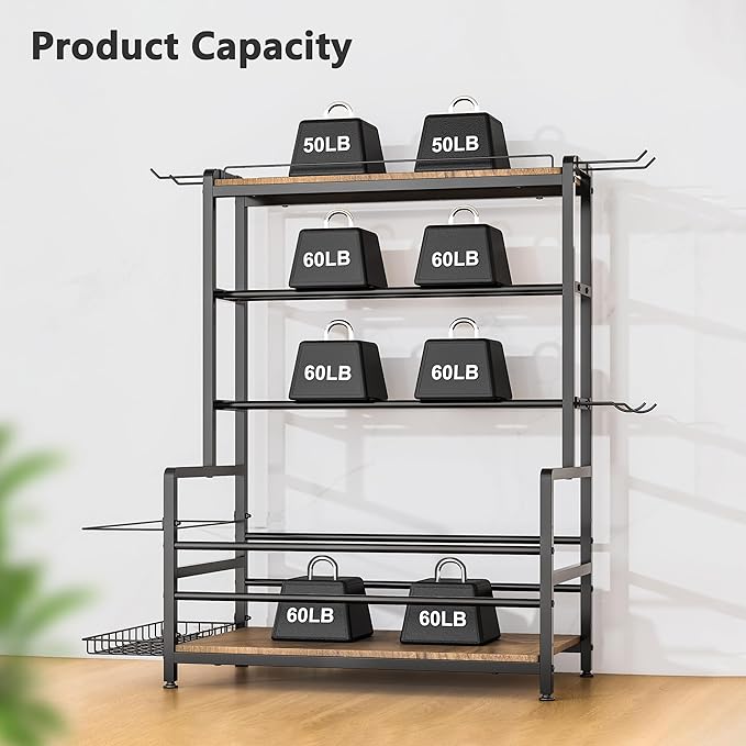 Gym Home Equipment Weight Rack – 3‑Tier Workout Storage Stand for Dumbbells & Kettlebells, Medicine Ball Holder, 460 lb Steel Organizer with Yoga Mat Basket, Hooks, Adjustable Feet, 24 x 16 in
