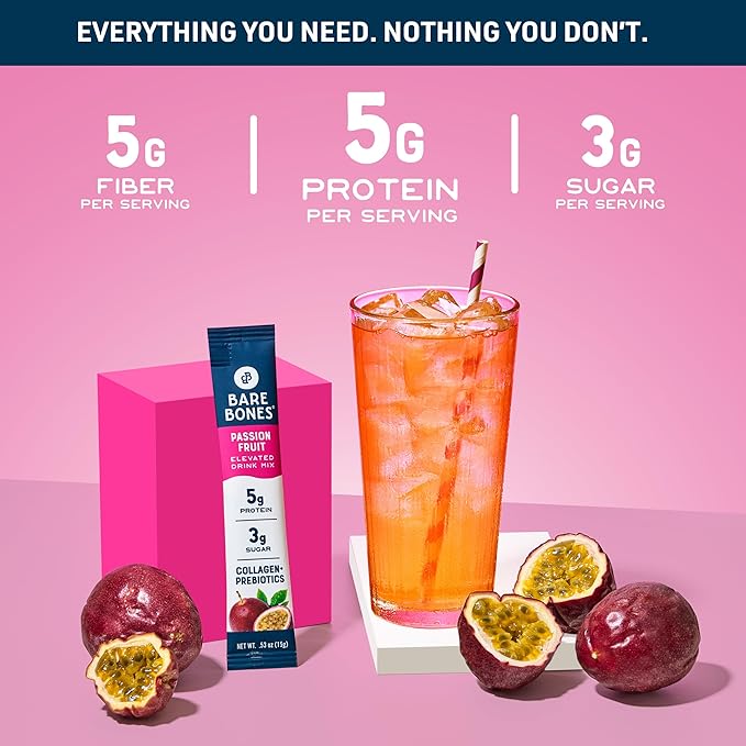 Bare Bones Passion Fruit Elevated Drink Mix | Light & Flavorful | Gluten-Free & Naturally Sweetened | On-the-Go Stick Single-Serve Packs Powdered Refreshment | 5g Protein | 16 Packets (.60 oz)