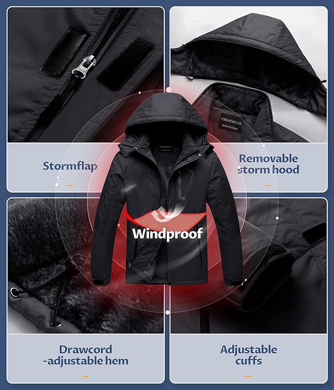 CREATMO US Men's Mountain Waterproof Ski Jacket - Windproof Snowboarding Warm Winter Coat Raincoat