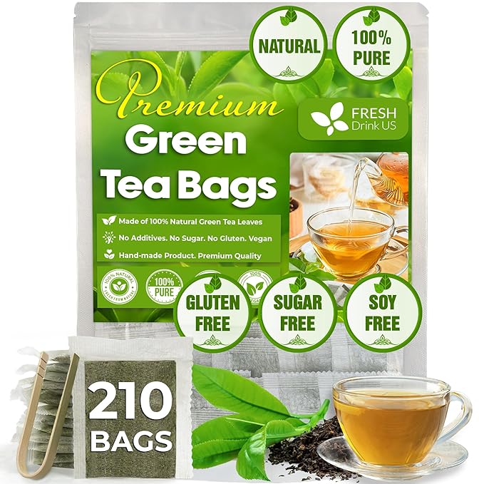 FreshDrinkUS, Premium 210 Green Tea Bags, 100% Natural & Pure from Green Tea. Green Herbal Tea. Made with Natural Material Tea Bags. No Sugar, No Gluten, Vegan.