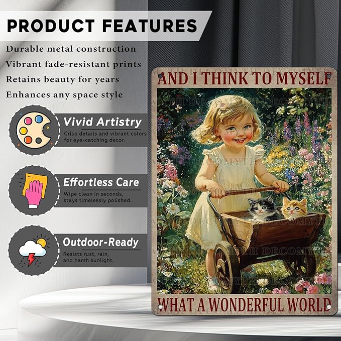 Garden Girl Metal Tin Sign Wall Art Rustic Vintage Outdoor Decor And I Think To Myself What A Wonderful World Quote 12 * 16inch
