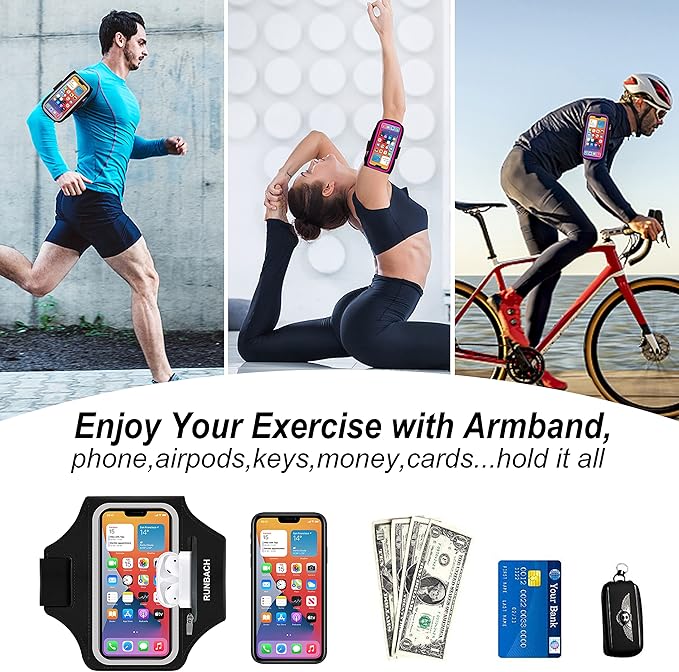 Armband for iPhone 16 Pro Max/16 Plus/15 Pro Max/15 Plus/iPhone 14 Pro Max/14 Plus/13,12,11 Pro Max/XS Max,Water Resistant Sport Armband with Zipper Slot for Airpods and Keys (Black)