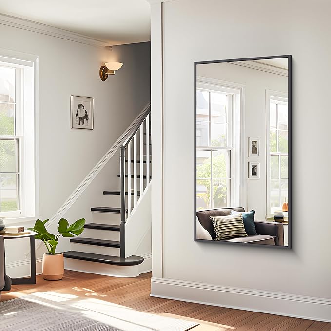 Bathroom Mirror,24x48 inch Wall Mirror for Bathroom Wall Mounted Black Rectangle Square Corner Mirrors, Black Bathroom Mirror for Living Room, Farmhouse, Bedroom Entryway, Horizontal/Vertical