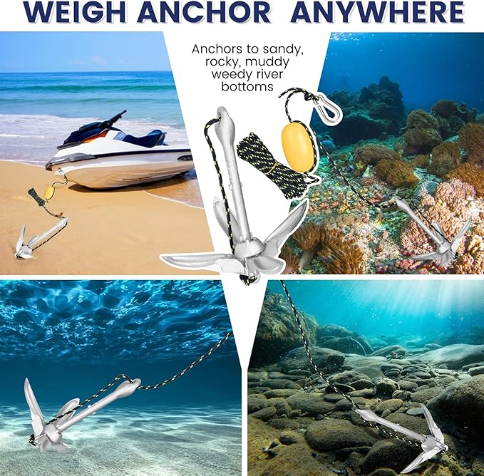 Dreizack Kayak Anchor Kit, 3.5 lb Folding Grapnel Boat Anchor Trolley Accessories with 40ft Rope and PVC Buoy for Fishing Kayaks SUP Paddle Boards Canoes Jet Ski PWC Inflatable Small Boats