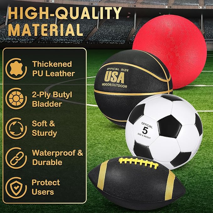 Deekin 8 Pcs Sports Balls Set for Kids Adult Assorted Football Basketball Soccer Playground Balls Official Size with Bags Pumps Outdoor Sports Equipment Athletic Gift Back to School
