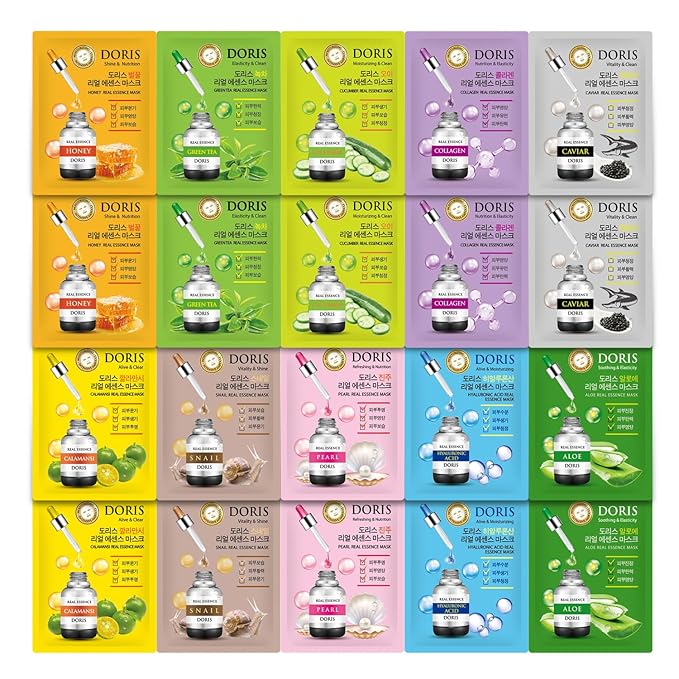 Doris Real Essence Mask 20 Combo Packs for Healthy Skin, K-Beauty Skincare Variety Pack