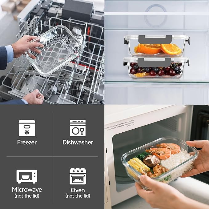 BAYZZ Glass Food Storage Containers, 5 Pack 35 Oz Glass Meal Prep Containers, Lunch Boxes with Airtight BPA-Free Lids, Microwave, Freezer and Dishwasher Safe