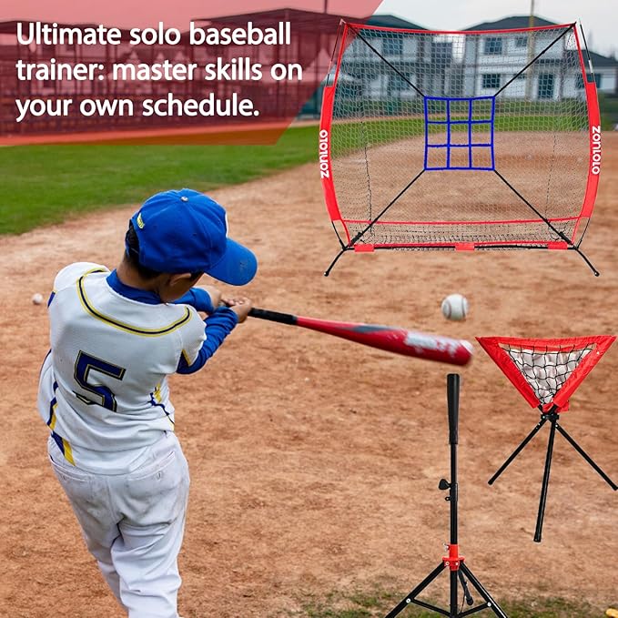 6x6ft Portable Baseball & Softball Net for Hitting，Pitching, Batting and Throwing, with Sturdy Bow Frame,Batting Tee, Ball Caddy and Strike Zone, Middel Size, Great for Kids!