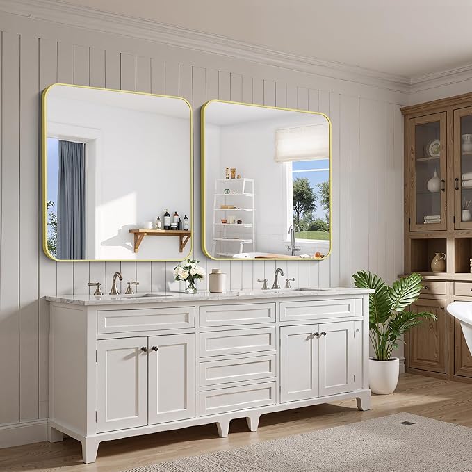 FORBATH 40x36 Inch Gold Bathroom Mirror for Over Sink, Large Rectanglar Wall Mirror with Metal Frame, Rounded Corners for Bathroom, Bedroom, Entryway Decor (Horizontal or Vertical)
