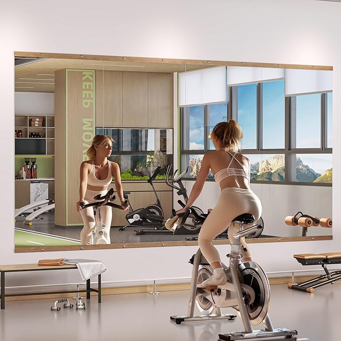 Hasipu 2Pcs 63''x28'' Home Gym Mirror Large Full Length Wall Mounted Full Body Mirror for Yoga Dance Fitness Exercise Studio Bedroom Garage, Frameless Tempered Glass Workout Mirrors Walnut Rectangular