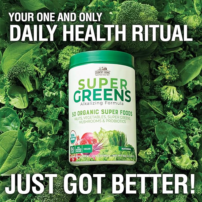 COUNTRY FARMS Super Greens Natural Flavor, 50 Organic Super Foods, USDA Organic Drink Mix, Fruits, Vegetables, Super Greens, Mushrooms & Probiotics, Supports Energy, 20 Servings, 10.6 Oz