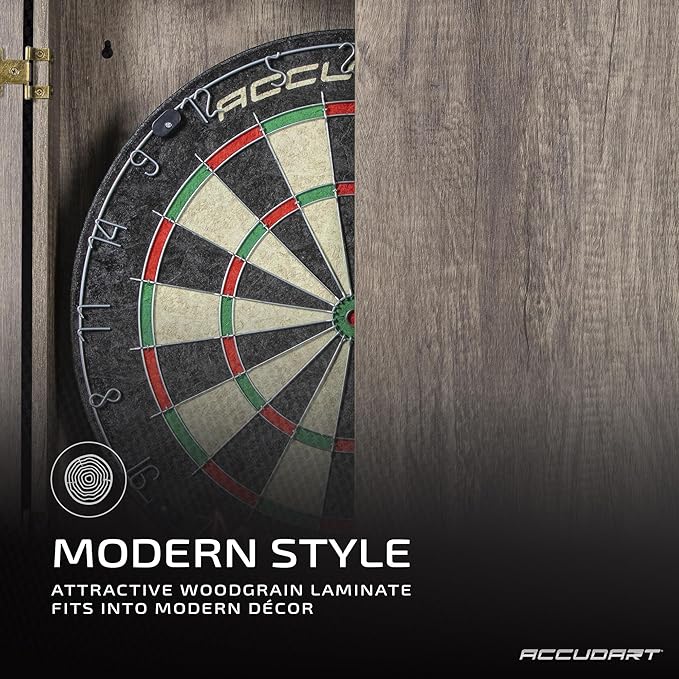 Accudart Match Pro Dartboard Cabinet Set - Official Size - Self Healing Sisal - Modern Style Woodgrain - Two Built-in Dartholders - LED Lighting - Includes Scoreboard, Chalk, Eraser, and Six Darts