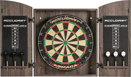 Accudart Armada Bristle Dartboard Cabinet Set - Official Size 18" x 1.5" - Self Healing Genuine Sisal - Wall Mount Cabinet Set - Round Spider Wires Reduce Bounce Outs - Rotatable Metal Number Ring