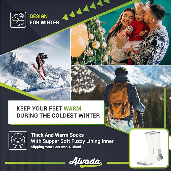 Alvada Merino Wool Hiking Socks Thermal Warm Crew Winter Boot Sock For Men & Women 3 Pairs