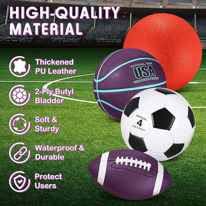 Deekin 4 Pcs Sport Balls Set for Kids Teens, Include Official Size 5 Basketball 4 Soccer 6 Football Playground Ball and Pump Sports Equipment Bag Recess Equipment Sport for Students(Purple, Teal)