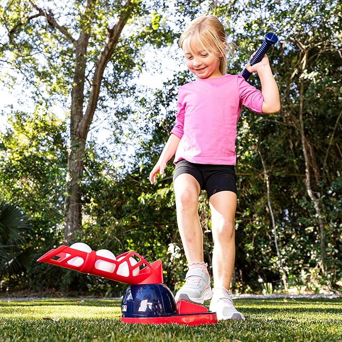 Franklin Sports Kids Baseball Pitching Machine - Pop A Pitch Batting Machine with Youth Bat + 3 Plastic Balls - Boys + Girls Toy