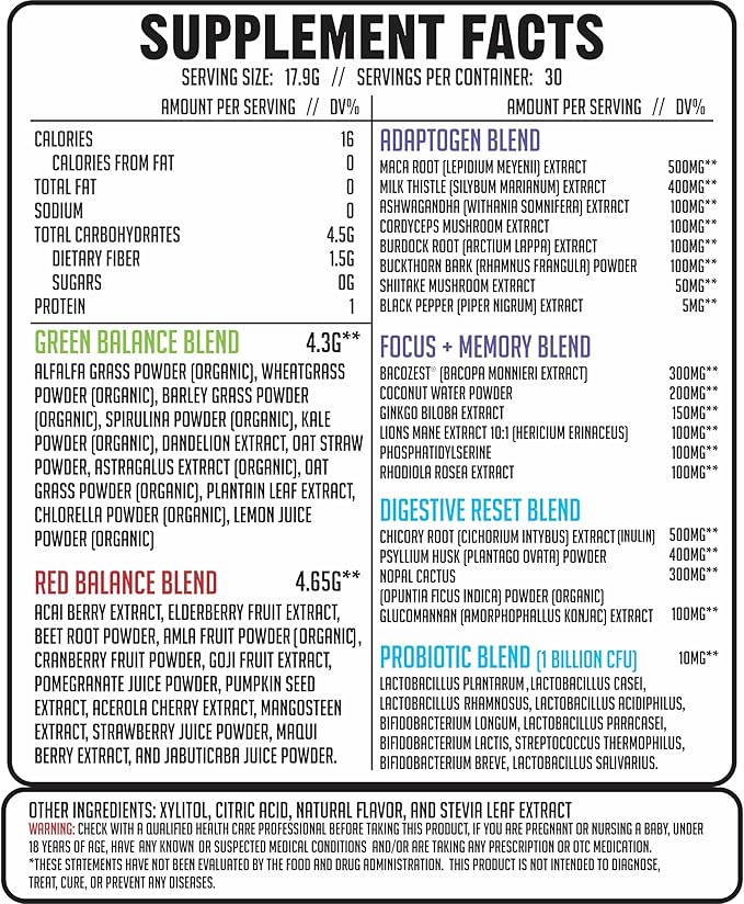 GMU SPORT Daily Greens and Reds, Super Greens Powder, 42 Superfoods, Probiotics, Adaptogens, Antioxidants for Gut Health, Superfood Powder for Mental Focus, Organic Greens Powder - Peach Berry Flavor